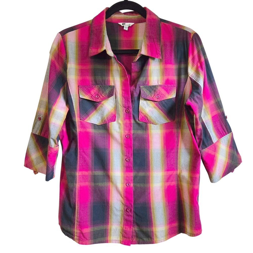 KUT‎ from the Kloth Womens Bold Fuchsia Plaid 3/4 Sleeve Button Down Shirt Large